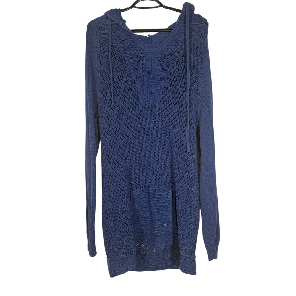 Prana Womens Open Knit Sweater Tunic Top Sz XL V Neck Hooded 100% Organic Cotton